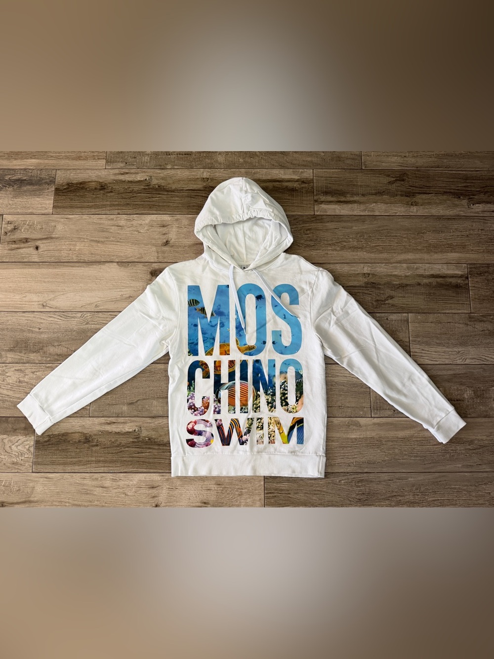 Moschino White Graphic Swim Hoodie with Ocean Print women size S
